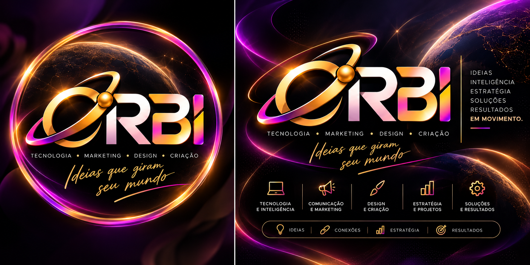 Identidade Orbi em dourado e magenta: tecnologia, marketing, design e criação. Ideias que giram seu mundo.